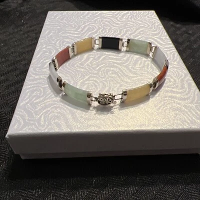 Vtg 14k Yellow Gold Blessing Jade Onyx Bracelet Bar Links Asian Clasp Hong Kong - Image 1 of 4