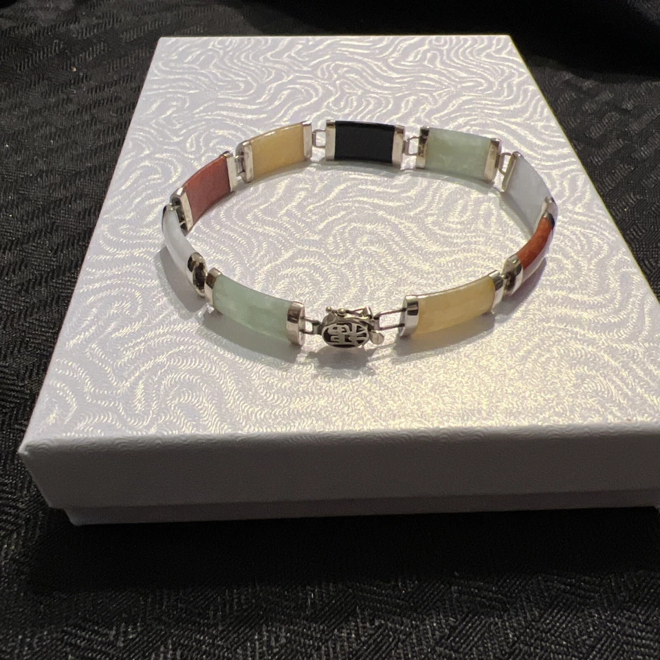 Винтажный браслет из желтого золота 14 карат с благословляющим нефритом ониксом звеньями азиатская застежка Гонконг - Изображение 1 из 4