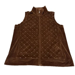 Quacker Factory Vest Womens Sparkle Brown Rhinestones Diamond Velour Vintage XL - Picture 1 of 17