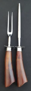 Tenedor de talla Art Deco de colección y afilador de baquelita probado mango marrón jaspeado - Imagen 1 de 6