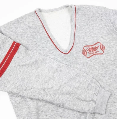 Vintage 70s Miller High Life Beer Sweatshirt Adult Fits Medium Gray Red V-Neck - Image 1 of 4