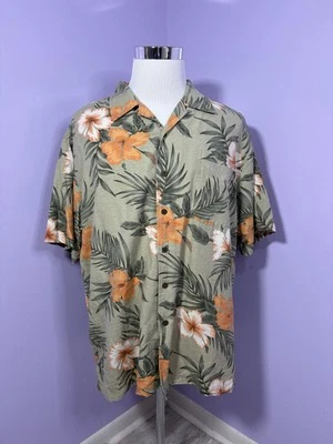Trader Bay Washable Silk Green/Orange Floral Button Down Short Sleeve Shirt  XL - Image 1 of 4