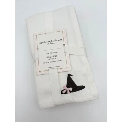 Set 4 Tovaglioli Halloween Cupcakes e Cashmere Cappello Strega Cotone Ricamato - Immagine 1 di 4