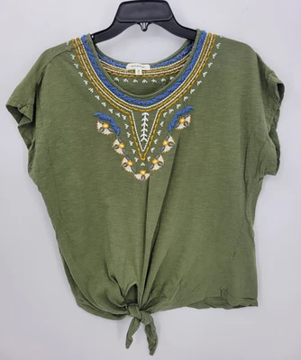 Max Studio Top Womens Medium Green Embroidered Short Sleeve Tie Waist Boho - Image 1 of 4