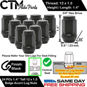 24PC HUMMER 1.4'' TALL BLACK 12X1.5 BULGE ACORN CONE SEAT 3/4 HEX WHEEL LUG NUT - Picture 1 of 2