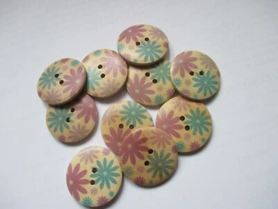 10 Holzknöpfe Blumendesign türkis-altrosa 3cm Durchmesser - Bild 1 von 2