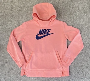 Nike Sportswear Youth Girl's Pullover Hoodie Coral Pink Size Medium Navy Logo - Picture 1 of 10