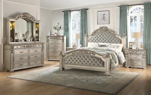 Traditional Luxury Silver Finish 5pc Bedroom Set King Size Carving Solid Wood - Picture 1 of 7