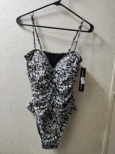 Traje de baño Catherine Malandrino Bandeau grande 1 pieza negro blanco dorado logotipo precio de venta sugerido por el fabricante 120 USD - Imagen 1 de 10