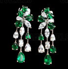 Raindance Pear Emerald Diamond Simulated Dangle earrings 14k White Gold Silver