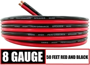 8 Gauge AWG Speaker Cable Subwoofer Zip Power Wire CCA - 50 Feet Red & Black - Picture 1 of 5
