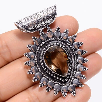 Lab-Created Smoky Quartz Gemstone 925 Silver Handmade Pendant 1.9" ARP-4128 - Image 1 of 3