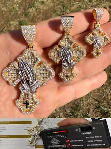 MOISSANITE Gothic Cross & Praying Hands Pendant Iced Baguette Real Silver & Gold - Picture 1 of 24