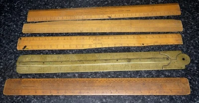 5x Vintage Rulers.4x Wood & 1x Folding Brass.Various Makes.See Scans.With Faults - Image 1 of 4