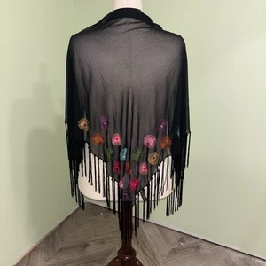 Echo Sheer Black Embroidered Shawl Wrap Scarf W/ Fringe Made In India Boho - Picture 1 of 8