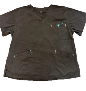 Med Couture Women's XL Brown Teal V-Neck Scrub Top Medical Uniform E-Z Flex - Picture 1 of 13