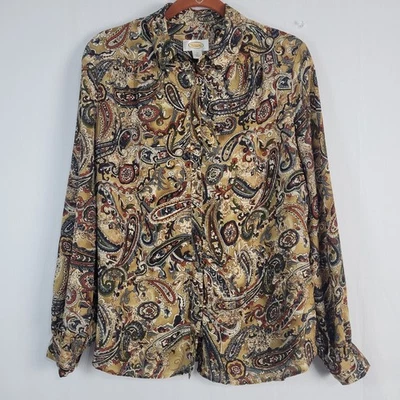 Vintage Talbots Silk Paisley Long Sleeve Button-Down Shirt sz 14 shimmer 90s - Image 1 of 4