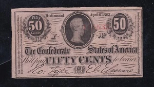 US 1863 50c CSA T-63 Confederate State Bank Note VF (533) - Picture 1 of 2