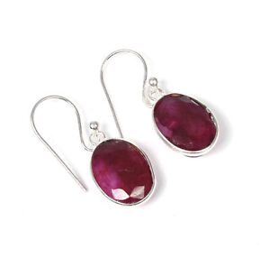 925 Solid Sterling Silver Faceted Simulated Ruby Hook Earring-1.1 Inch b241