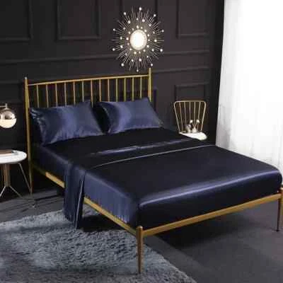 Conjunto de lençóis de cama luxuosos de cetim sedoso macio liso fronhas - Imagem 1 de 4