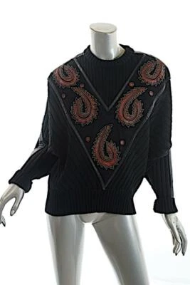 GHINEA 黑色复古羊毛混纺皮革麂皮绒拼布罗纹毛衣,尺寸 40 US 6 — 第 1/4 张图片