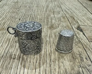 CHATELAINE SILVER THIMBLE CASE AND THIMBLE - Picture 1 of 5