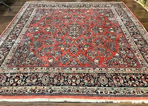 Square Sarouk Rug 11x11 ft Rare Size Handmade Wool Floral Allover Red Carpet - Picture 1 of 12