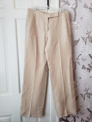 Max Mara 米色亚麻裤子 8 女式平底前口袋直筒意大利 — 第 1/4 张图片