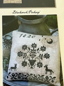 Primitive Cross Stitch Pattern Chart BLACKWORK PINKEEP CUSHION Flower Urn Cat - Picture 1 of 4