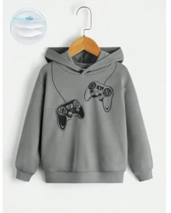 SHEIN Young Boy Casual Comfortable Gaming Print Long Sleeve Hoodie Gray -Size 7 - Picture 1 of 5