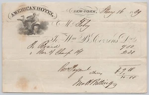 1839 American Hotel Broadway NYC Illustrated Billhead Rawdon Wright Hatch BH1-50 - Picture 1 of 2