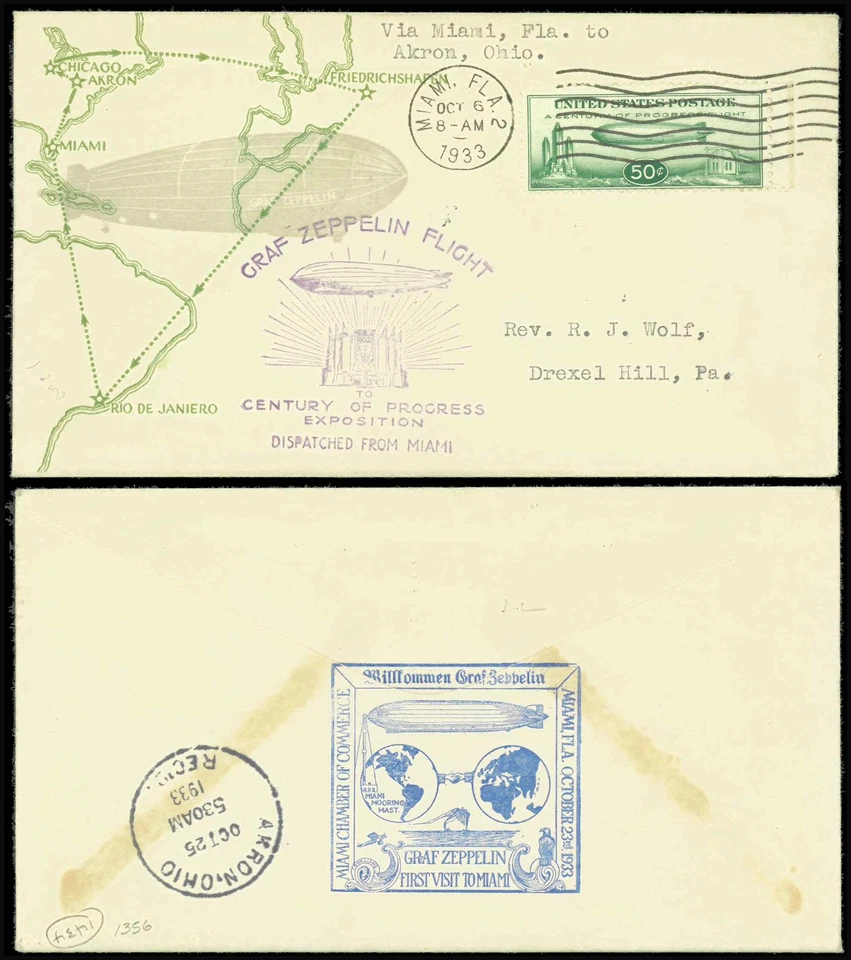 SAVOYSTAMPS - USA Cover - Graf Zeppelin FDC 1933 - C18 - Akron OH Oct 4th, 1933 - Image 1 of 1