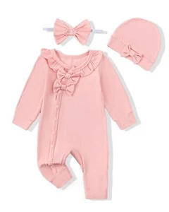 Mikrdoo Newborn Baby Girl Clothes Soft Jumpsuit Long Sleeve Romper 3 Pcs Outfit - Picture 1 of 8