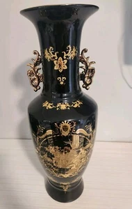 Large Chinese Floor Vase Black With Gold Design 24"H Vintage - Picture 1 of 10