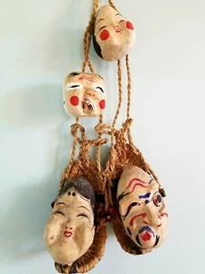 SELTENE, CHARMANTE VINTAGE JAPANISCHE OKAME UND HYOTTOKO GESICHTER IN PAPIERMACHE - Bild 1 von 10