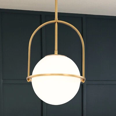 C CATTLEYA 1-Light Antique Brass Sphere Pendant Light with Opal Glass Shade