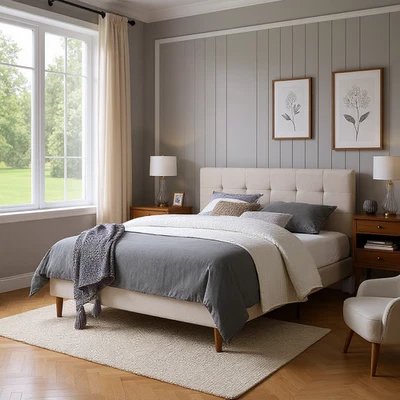 Marco de cama tapizado doble con cabecero ajustable 2 colores beige gris listones de madera Foto 1 de 4