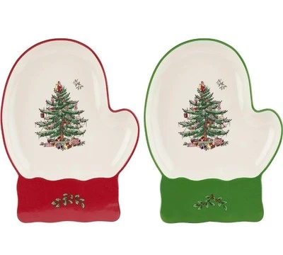 Spode Christmas Tree Mitten Dishes | Set of 2 Red and Green 7 Inch - Image 1 of 4