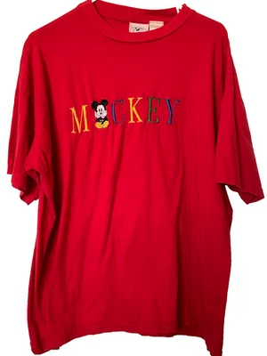 Vtg 90's Disney Mickey Mouse Red Embroidered Spell Out T-Shirt One Size XL - Image 1 of 4