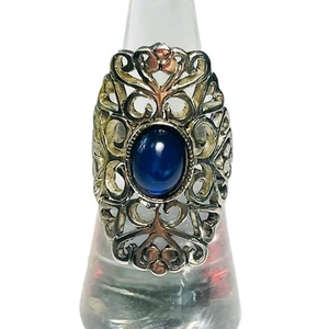 Costume Statement Ring Vintage Silver Tone Scroll Openwork Blue Cabochon Size 7 - Picture 1 of 11