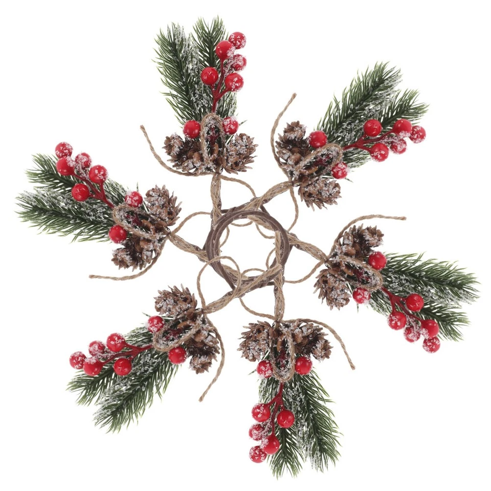  6 Pezzi Anello Tovagliolo Ringraziamento Rami di Pino Artificiali Fiocco Anelli - Immagine 1 di 4