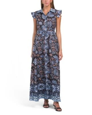 Dalia MacPhee women Belted Long Maxi Dress size Medium (4-6) Blue Floral Flutter - Image 1 of 4