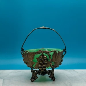 Art Nouveau Uranium Glass Insert Bowl in Decorative Metal Basket - Picture 1 of 17