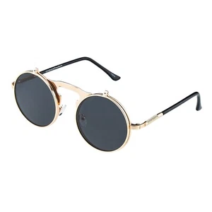 Gold and Black Flip Up Round Steampunk Sunglasses Goggles Retro Cyber Glasses - Picture 1 of 9