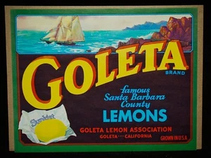 Etiqueta de caja AÑADIDA VINTAGE marca GOLETA limones original años 30 EE. UU. - Imagen 1 de 5