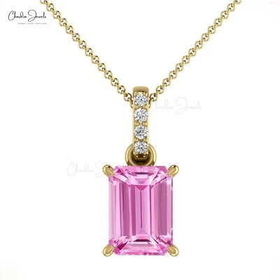 Colgante colgante de diamantes y zafiro rosa talla esmeralda de 7x5 mm en oro fino de 14 K regalo Foto 1 de 4