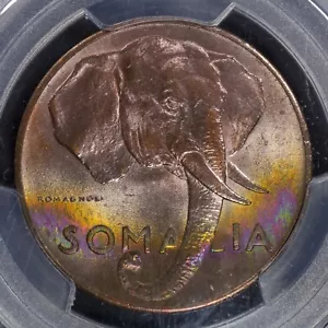 10 Cents AH1369 1950 PCGS MS65RB Somalia Elephant Rainbow Toned Gem BU - Picture 1 of 4