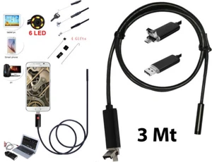 TELECAMERA ENDOSCOPICA 6 LED TUBO FLESSIBILE USB 3 MT IMPERMEABILE ISPEZIONE - Imagen 1 de 7