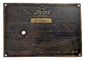 Antiguo Ford Modelo T 1912 Original Latón Número de Serie y Placa de Patente Etiqueta de Identificación - Imagen 1 de 5