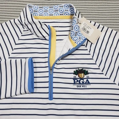 NUEVO CON ETIQUETAS Camisa Pullover Peter Millar Mujer M Golf 2023 PGA Oak Hill Blanco Azul Lunares Foto 1 de 4
